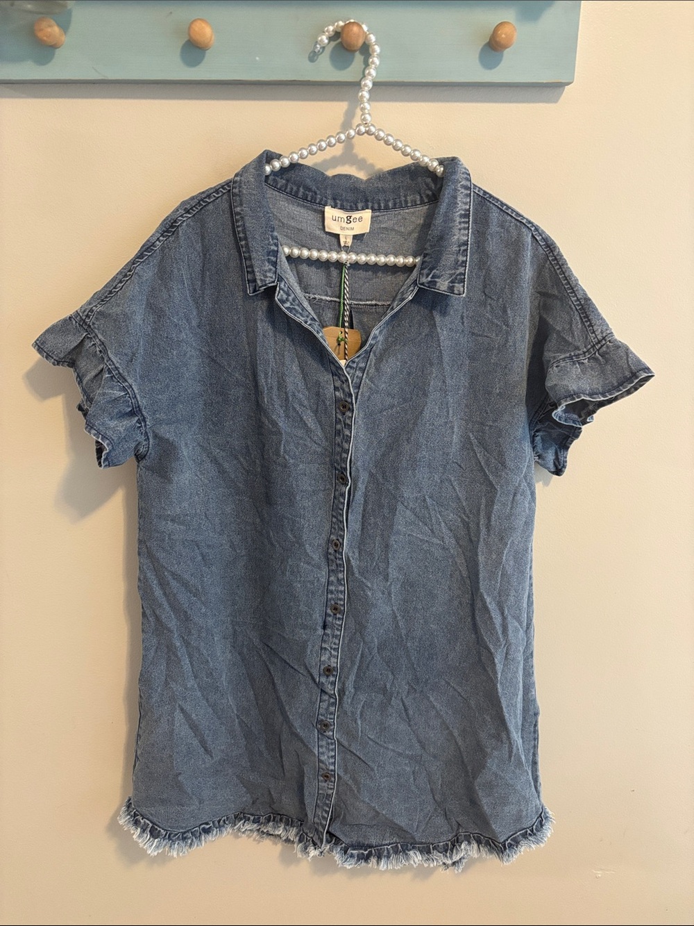 NEW Umgee Denim Shirt Dress Large L Blue Short Sleeve Ruffle Frayed Hem Casual